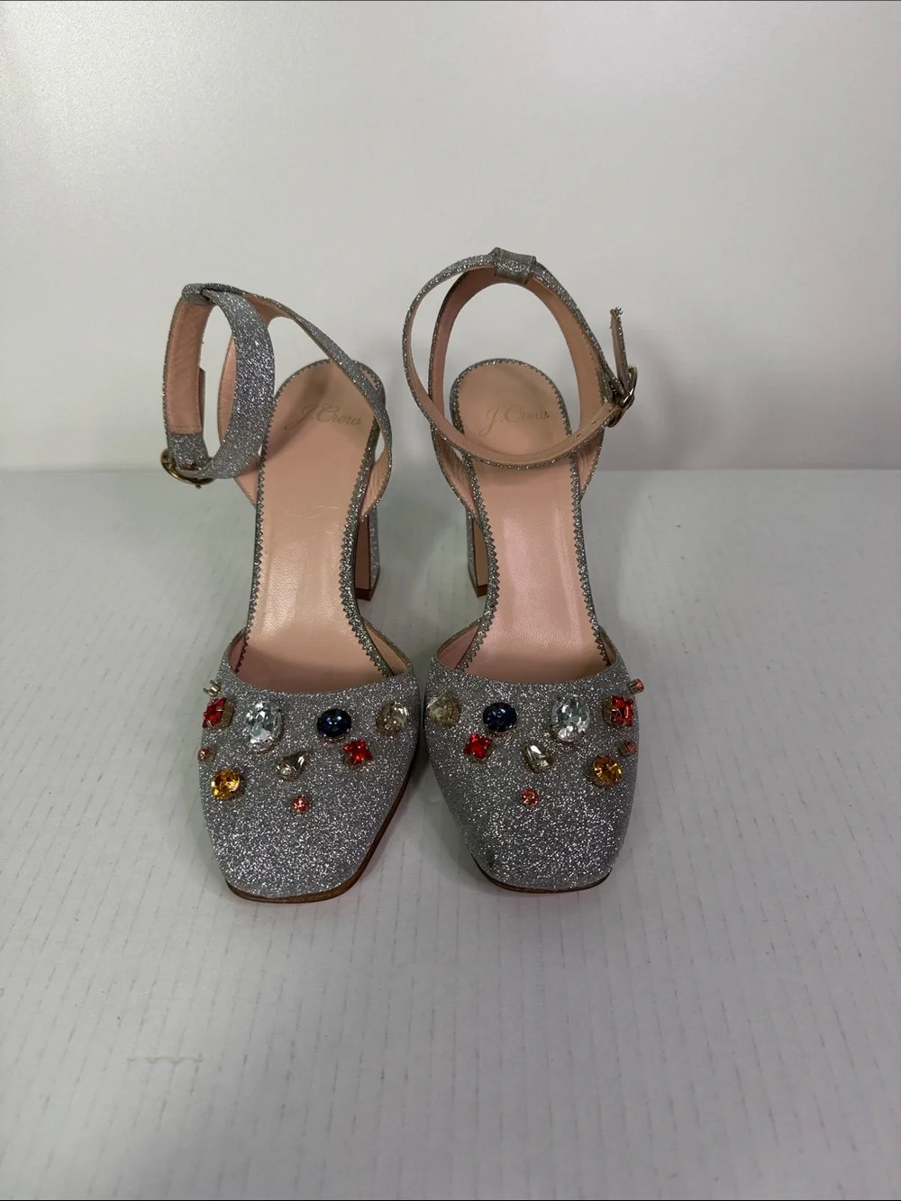 J. Crew Vicky Silver Glitter Jeweled Ankle-Strap Heels size 7.5